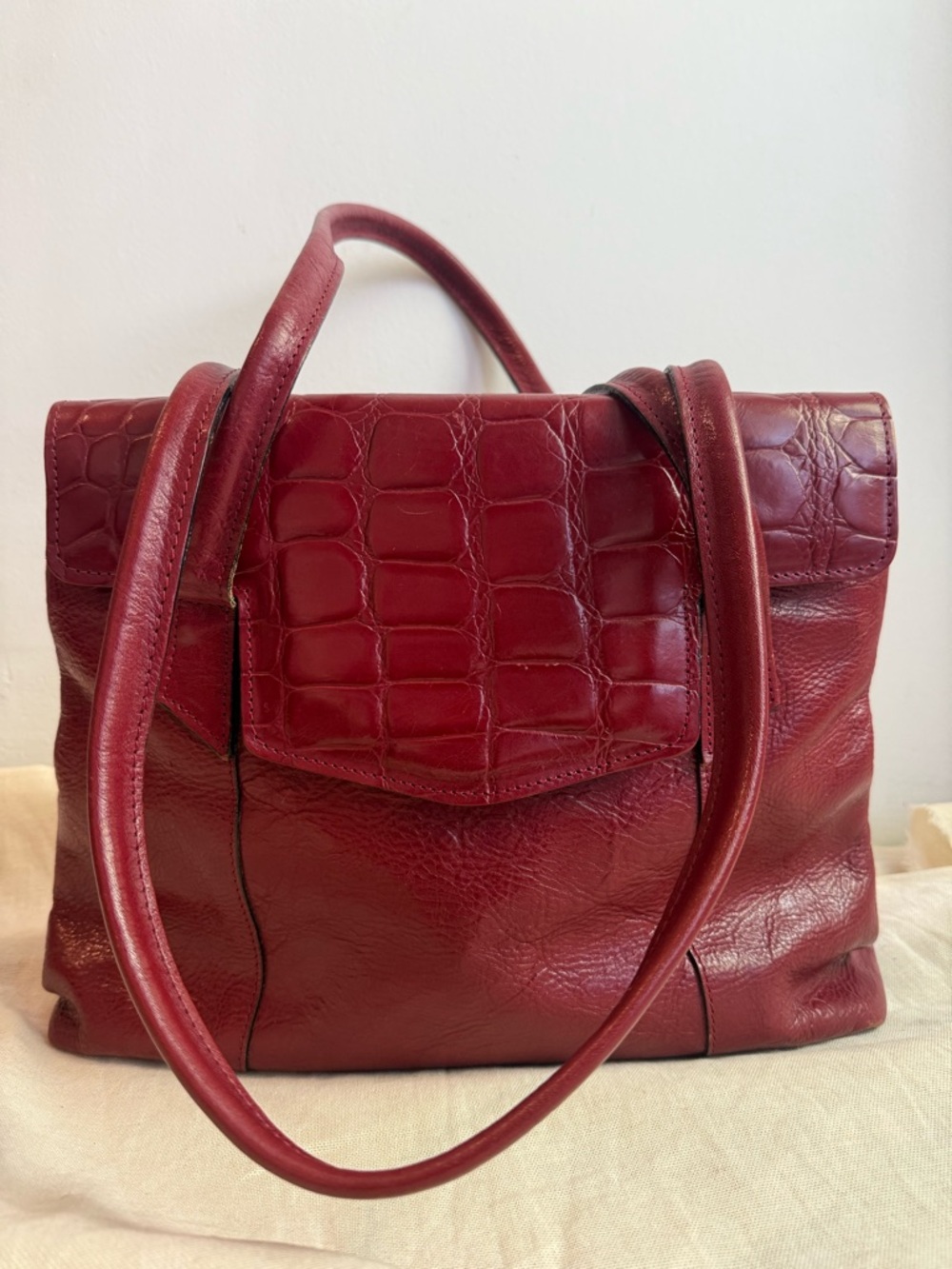 Vintage Oxblood Burgundy Leather Quiet Luxury Tote Croc Embossed Shoulder Bag